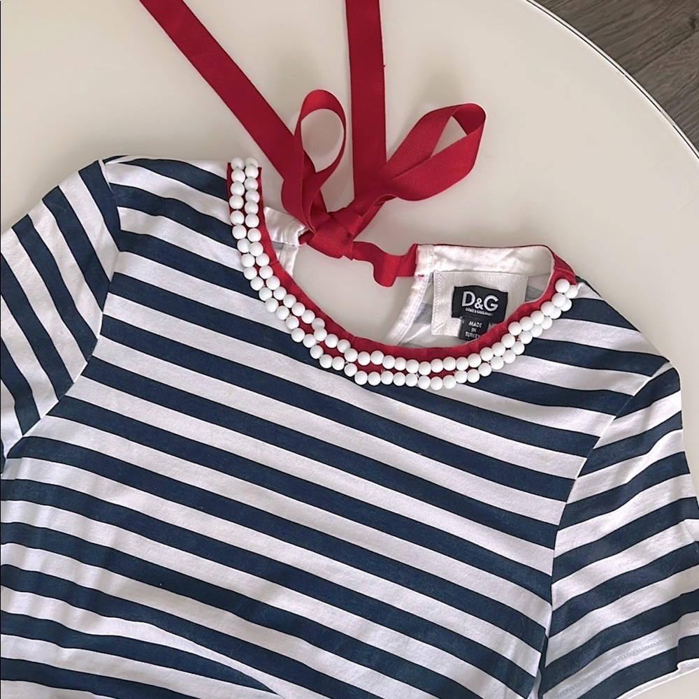 D&G Dolce and Gabbana Striped Navy and White T-Shirt with Red Ribbon Tie Back S